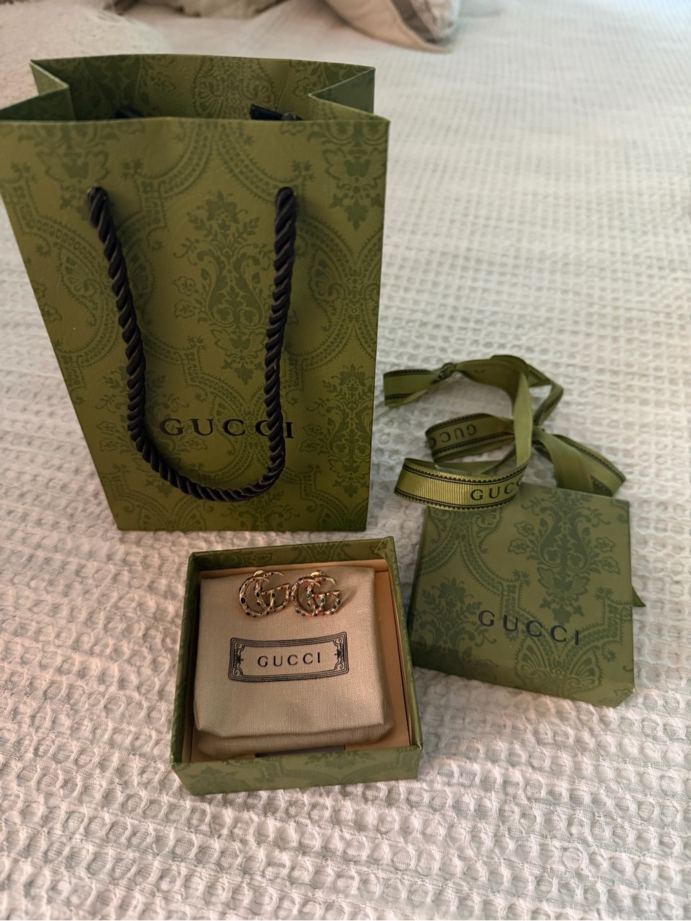 Gucci Gold Double G Stud Earrings with Green Packaging